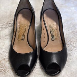 Salvatore Ferragamo Pearlette Black Peep-Toe Wedge Heels Size 5.5